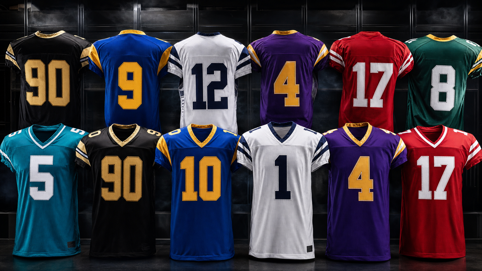 A large collection of colorful custom football jerseys in a dark locker room
