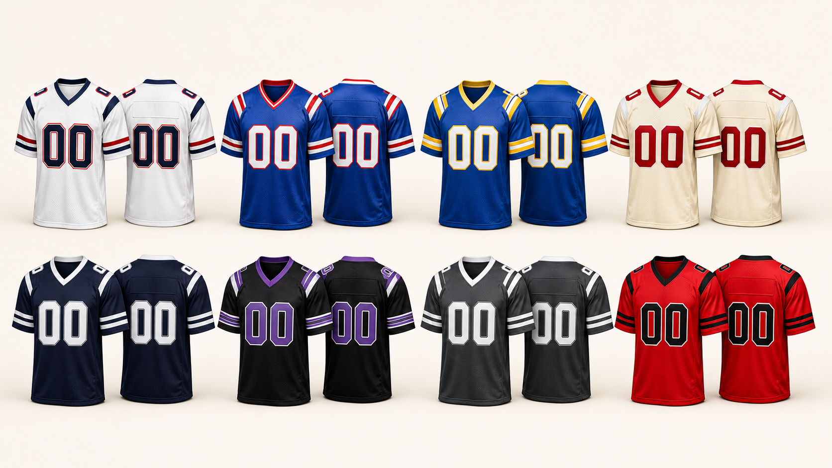 Multiple custom football jersey sets arranged in a bright product catalog